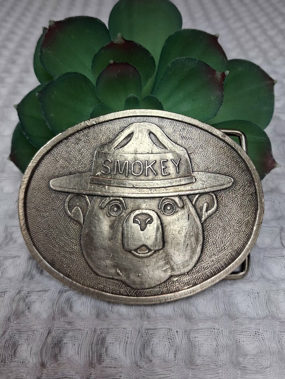 Vintage Smokey The Bear Brass Oval Belt Buckle US Forestry Service USFS